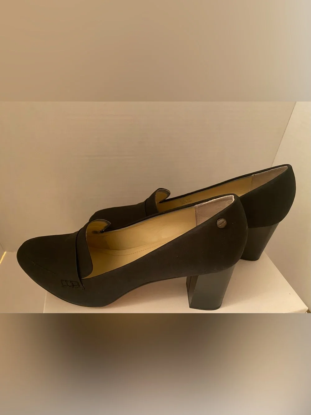 Calvin Klein Onada Nubuck Black Loafer Strap Block Heal Pumps Size 9.5